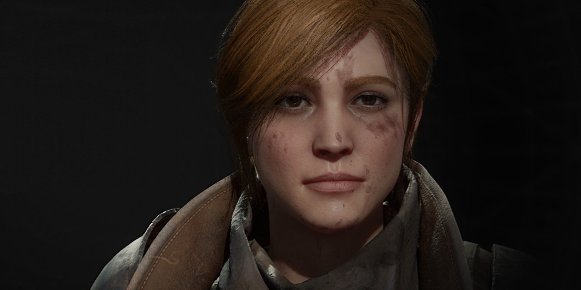 An Explorer player character in Remnant 2, with a dirtied face, a red bob haircut, and a scarf.