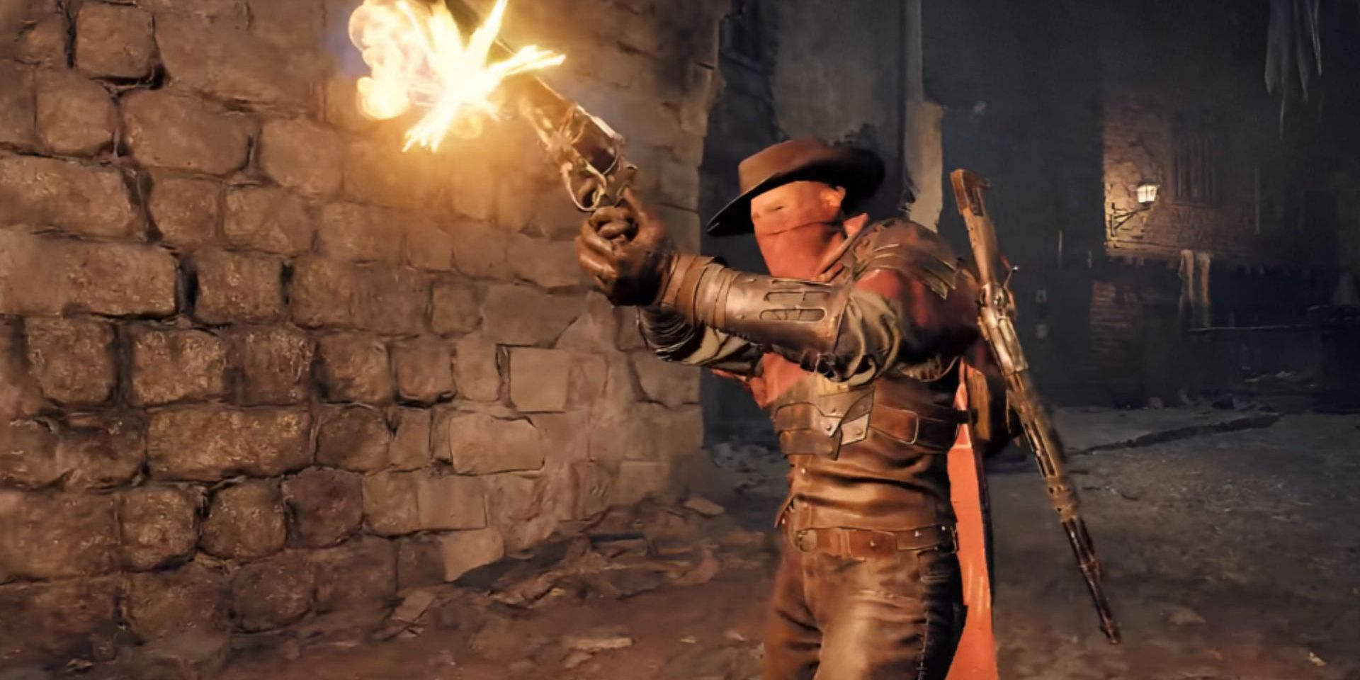 A Gunslinger player character in Remnant 2 walks down a desolate road, wearing a cowboy hat and a red bandana. They fire a pistol with a visible muzzle flash.