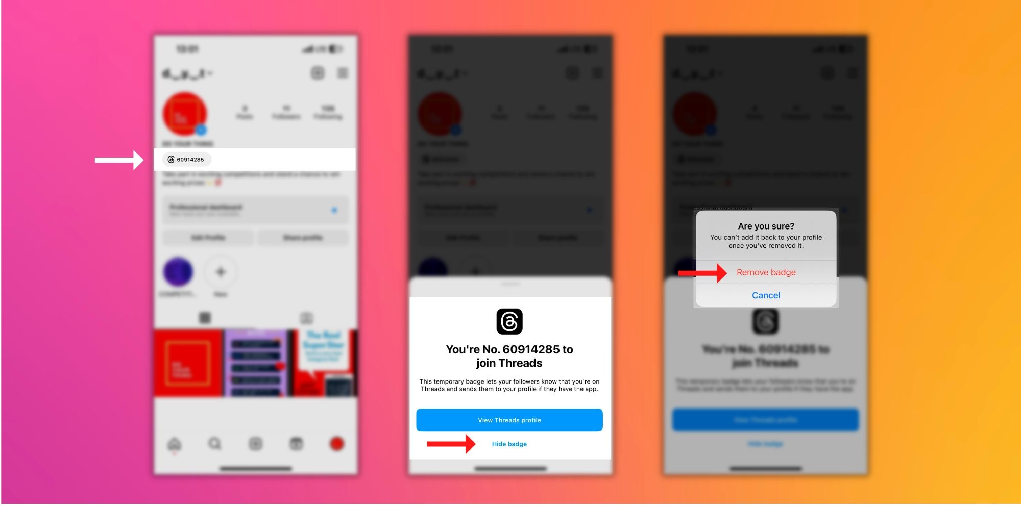 Tangkapan layar langkah-langkah untuk menghapus lencana nomor Utas dari Instagram