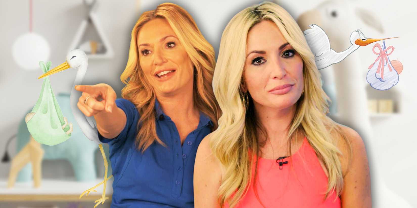 montage of Kate Chastain from Below Deck with stork emojis in the background