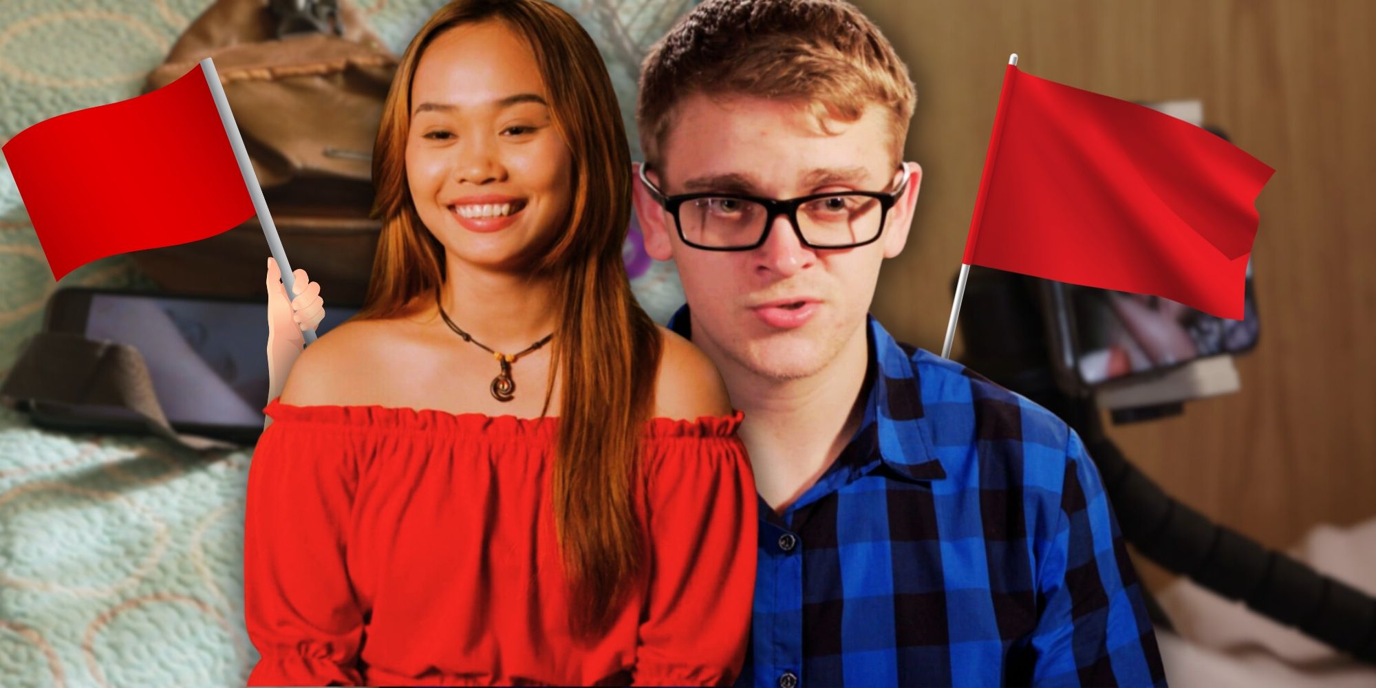 Brandan &amp; Mary from 90 Day Fiance: The Other Way, with red flags behind them