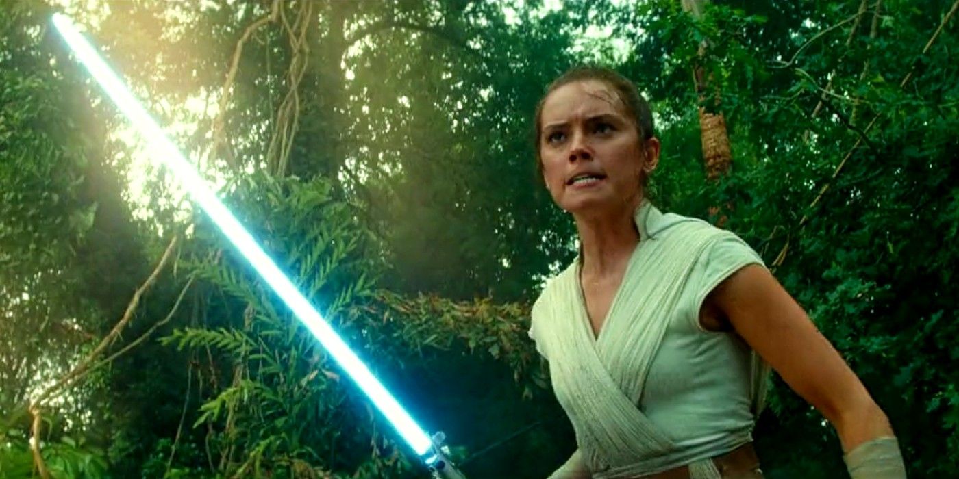 Rey trains with her blue lightsaber in Star Wars: The Rise of Skywalker