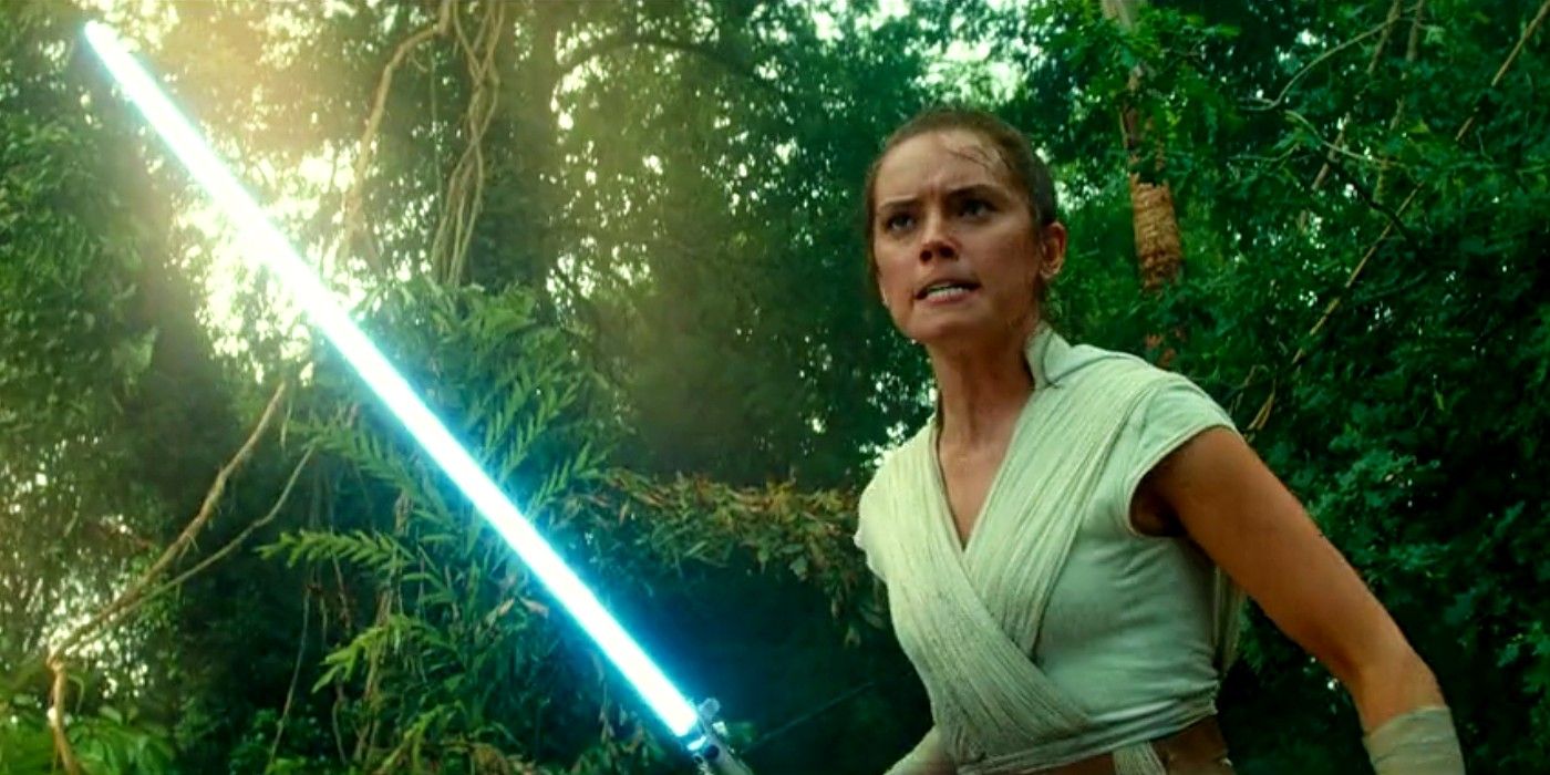 Rey (Daisy Ridley) trains with her blue lightsaber in Star Wars: The Rise of Skywalker