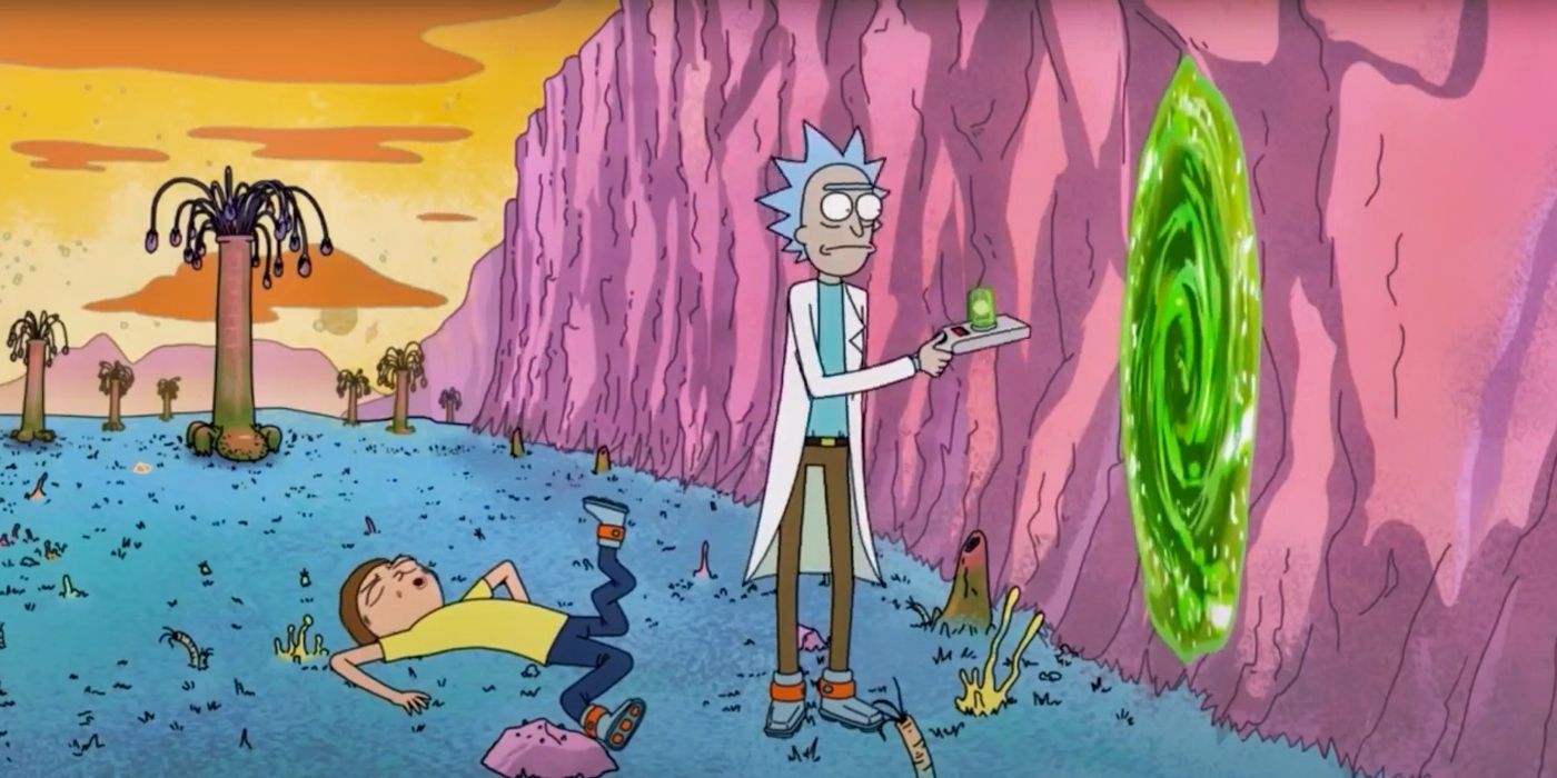 Rick standing next to a time travel portal with Morty on the ground behind him in the Rick and Morty pilot