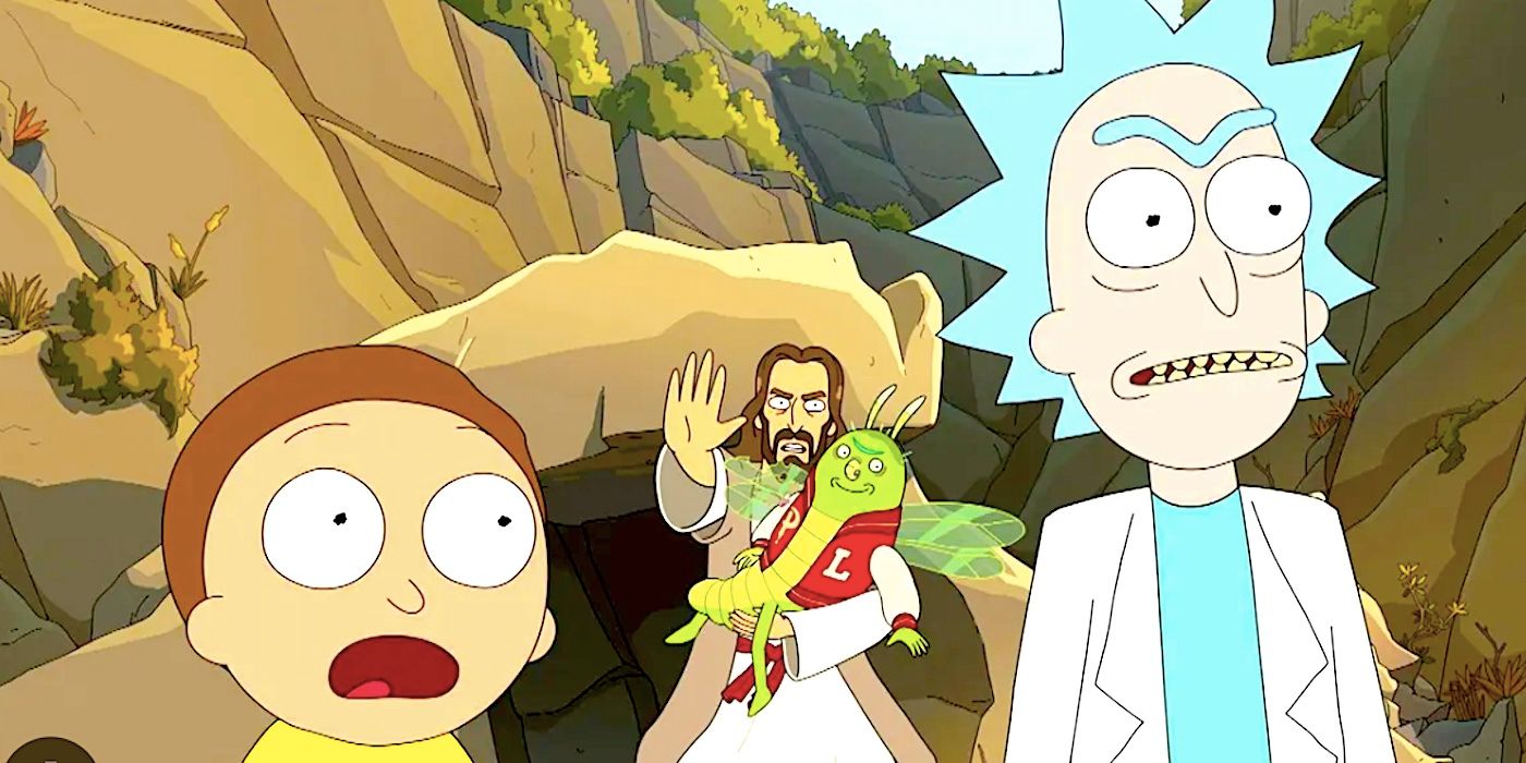 Rick and Morty with Jesus and Previous Leon