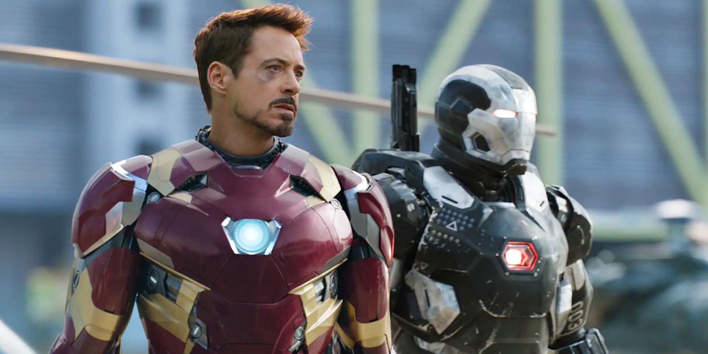 Robert Downey Jr. as Tony Stark and Don Cheadle as War Machine in 2016 Captain America Civil War