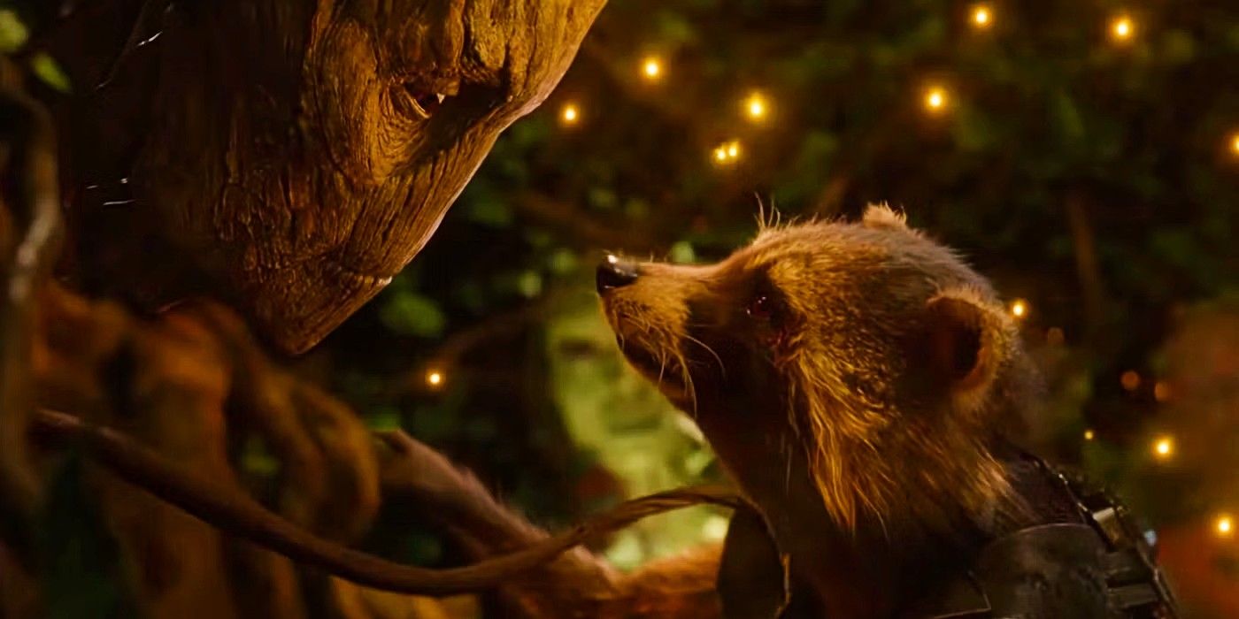 Rocket Raccoon and Groot looking each other in the eyes in Guardians of the Galaxy.
