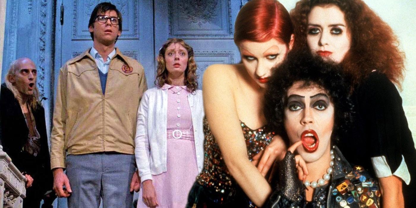 A blended image features Rocky Horror Picture Show characters Riff Raff, Brad, Janet, Columbia, Magenta, and Frank