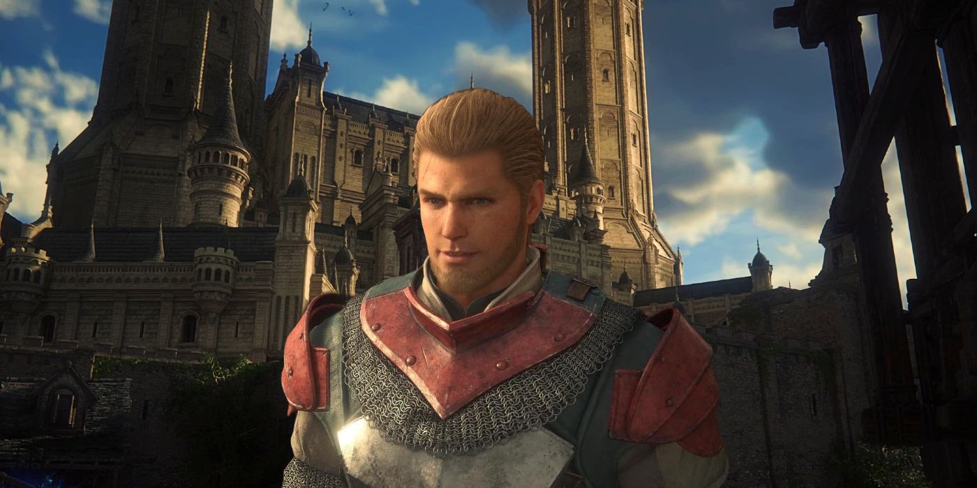 Rodney, a blonde soldier, stands before the blue sky and towers of Rosalith in FF16.