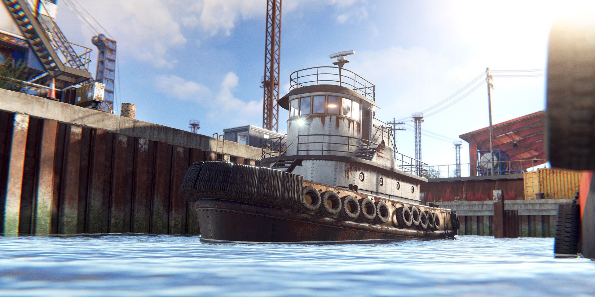 A glamor shot of an old tugboat sitting in the water of a harbor