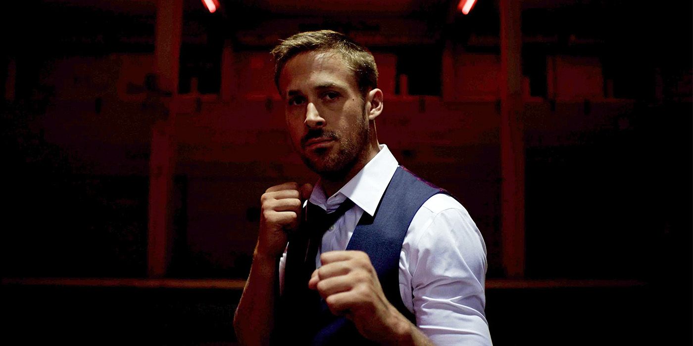 Julian (Ryan Gosling) raising his fists in a boxing position in Only God Forgives.