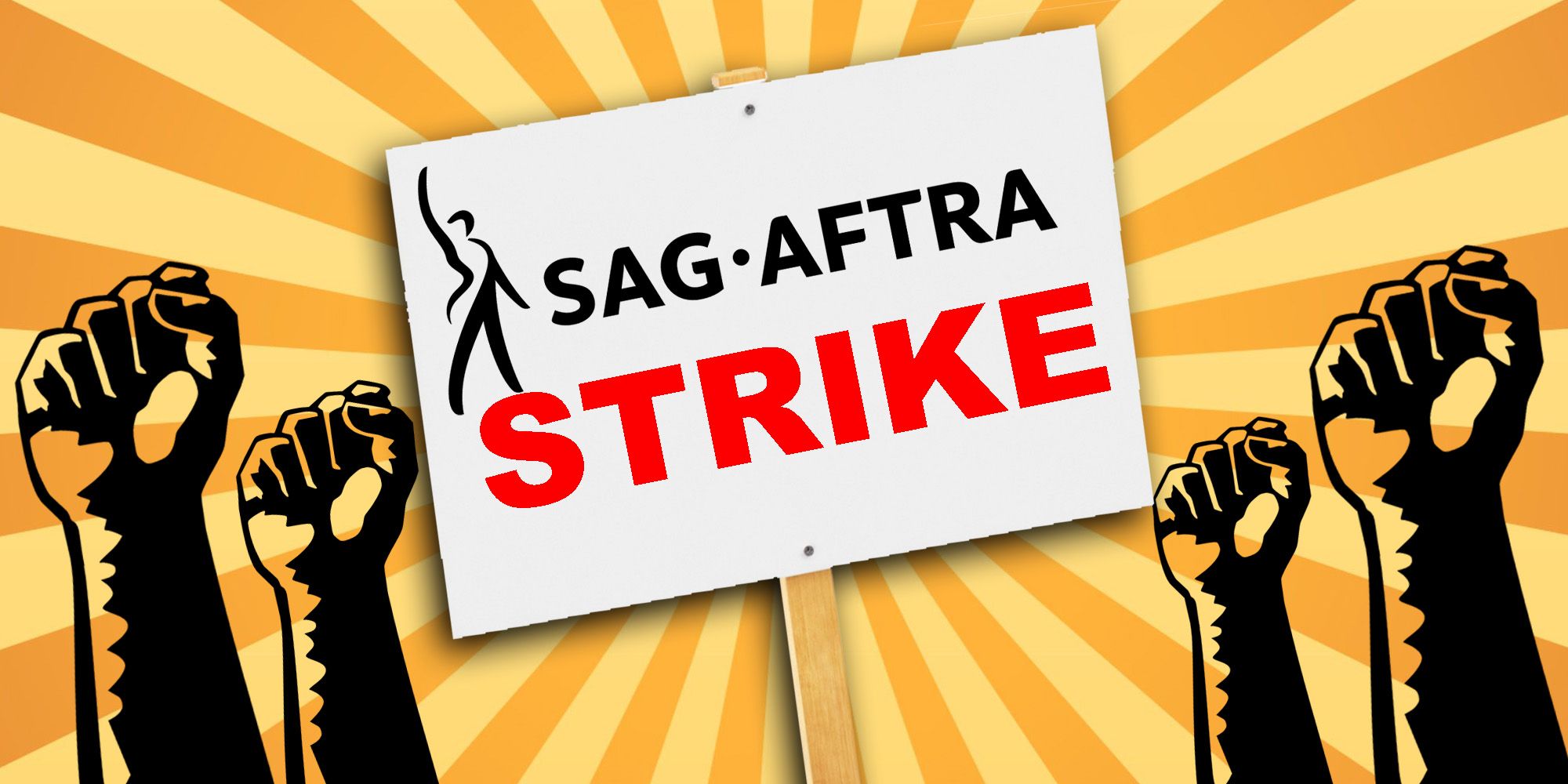 شعار الضربة SAG AFTRA مع علامة الاعتصام والقبضة الذراعين 