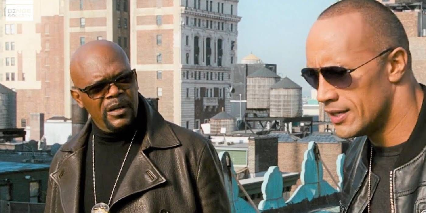 Samuel L Jackson and Dwayne Johnson on a rooftop in The Other Guys