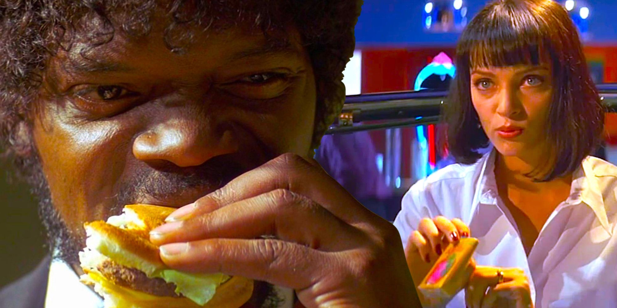 Samuel L Jackson and Uma Thurman with fake Quentin Tarantino products in Pulp Fiction
