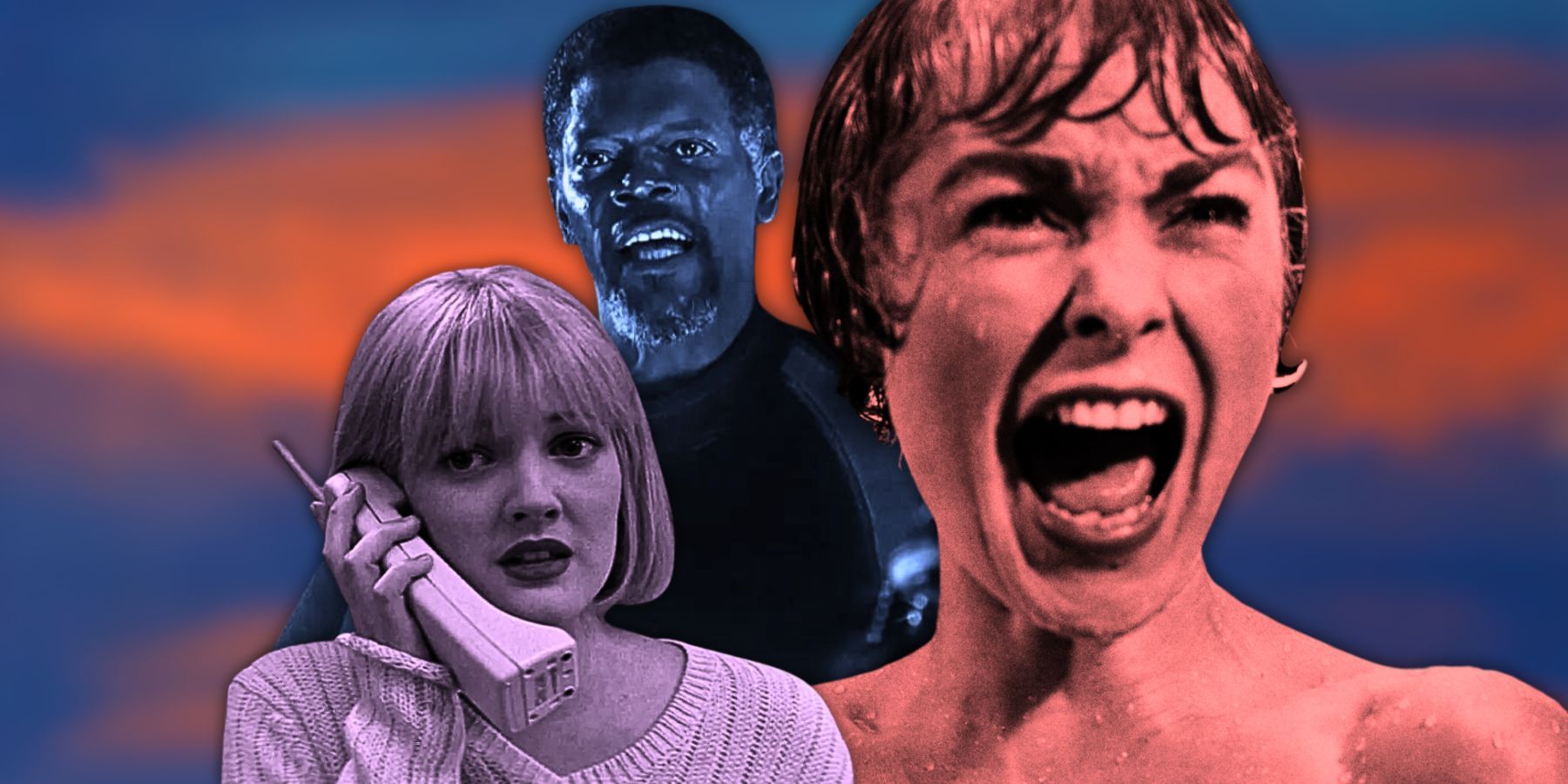 Drew Barrymore in Scream, Samuel L. Jackson in Deep Blue Sea, and Janet Leigh in Psycho collage