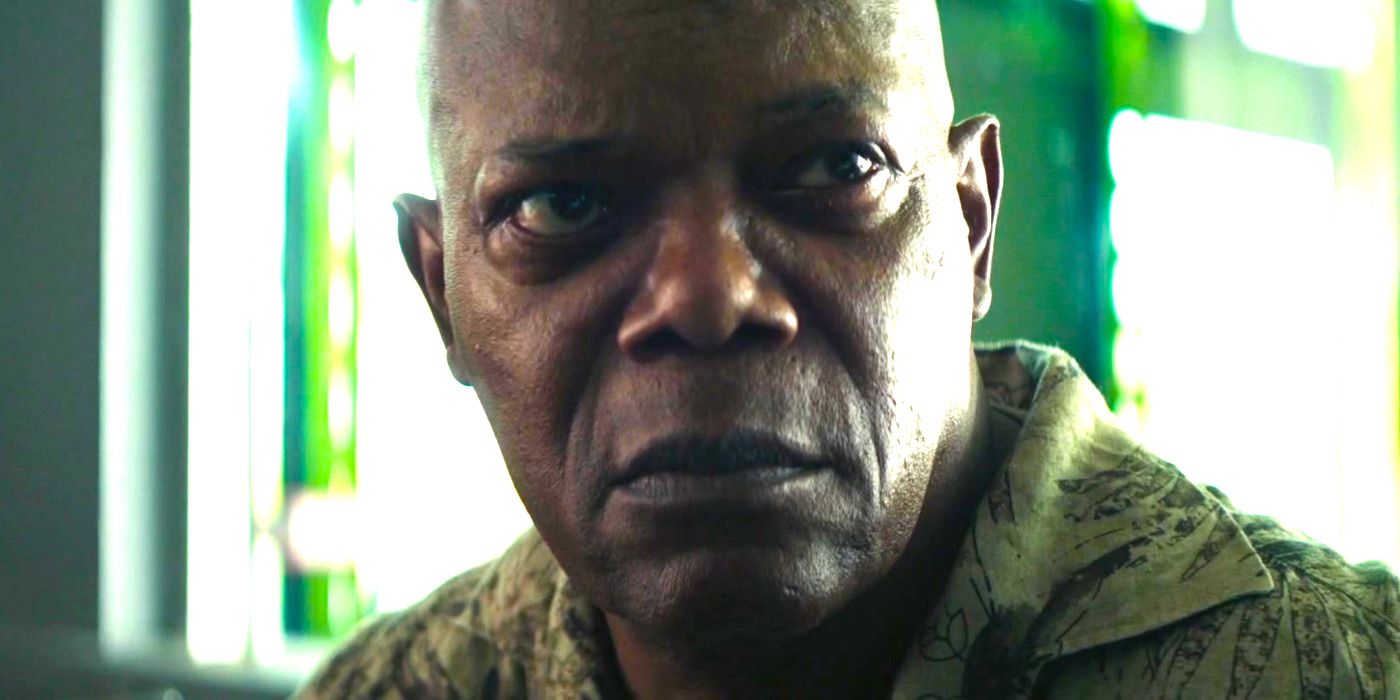 Samuel L. Jackson glowering menacingly in The Hitman's Wife's Bodyguard