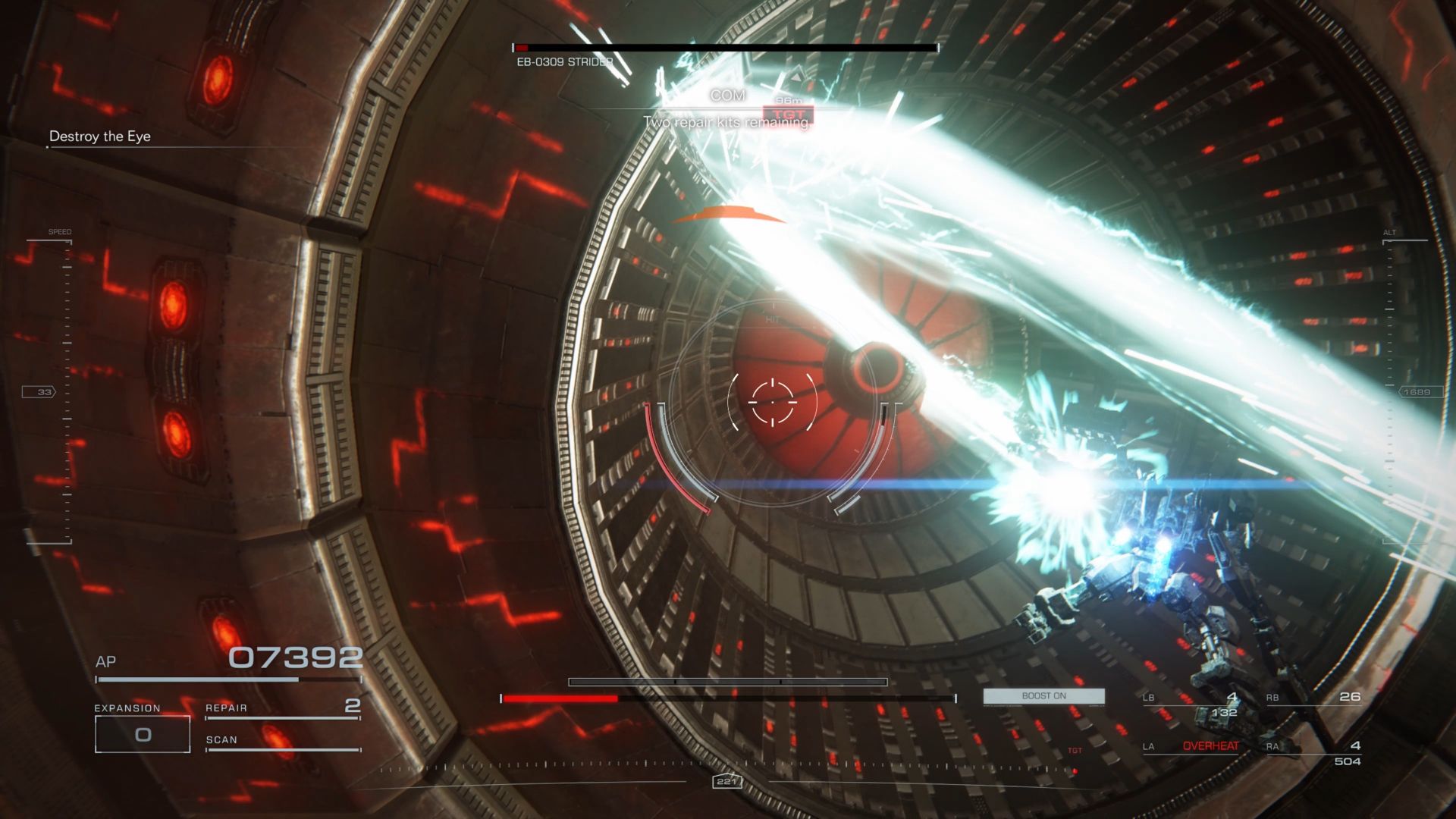 Embargoed for July 25 8am PDT Screenshot from Armored Core 6 gameplay shows a mech using a wide ranged green energy sword attack on a giant robotic eye figure.