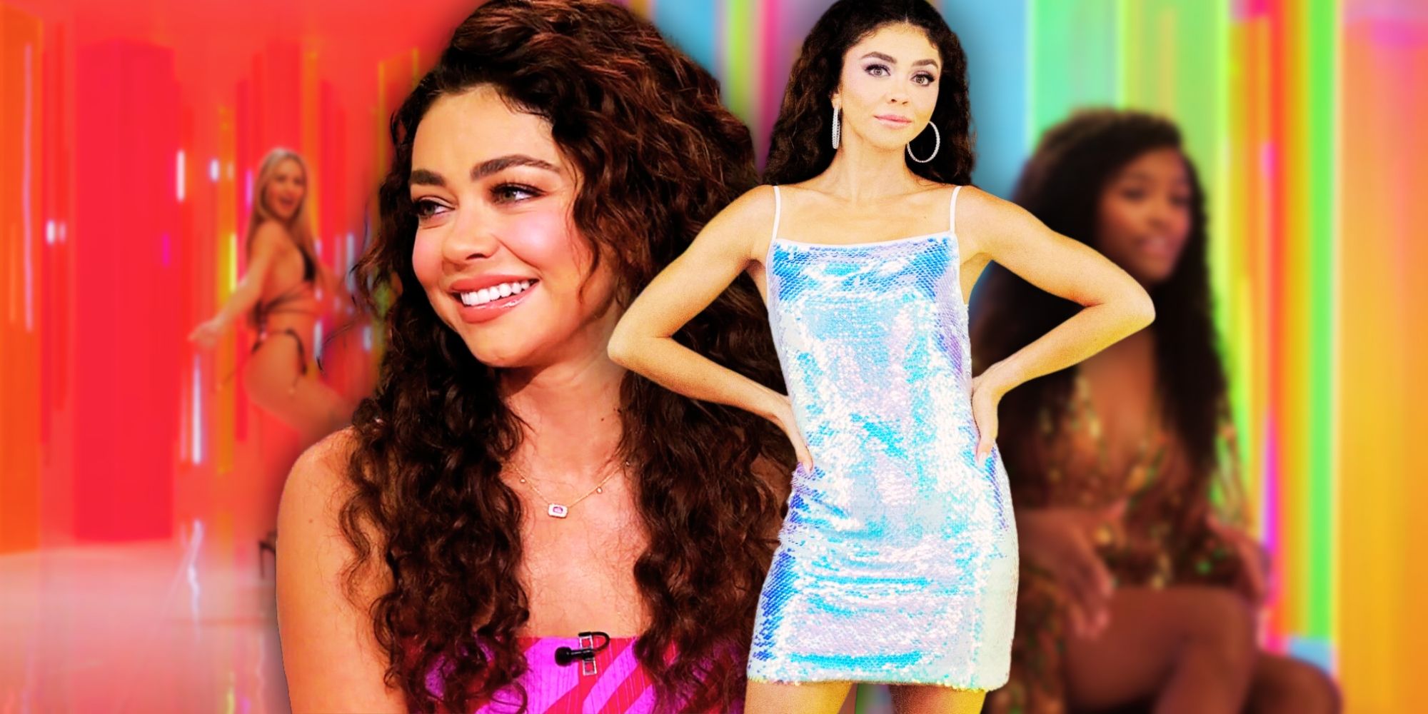 Montage of Sarah Hyland in front of Love Island USA season 5 cast