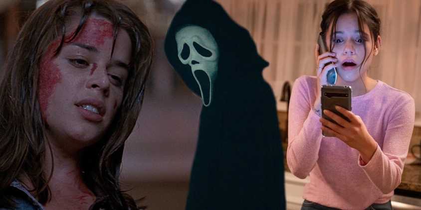 Collage of Sidney covered in blood, Ghostface looking back, and a scared Tara checking her phone in Scream