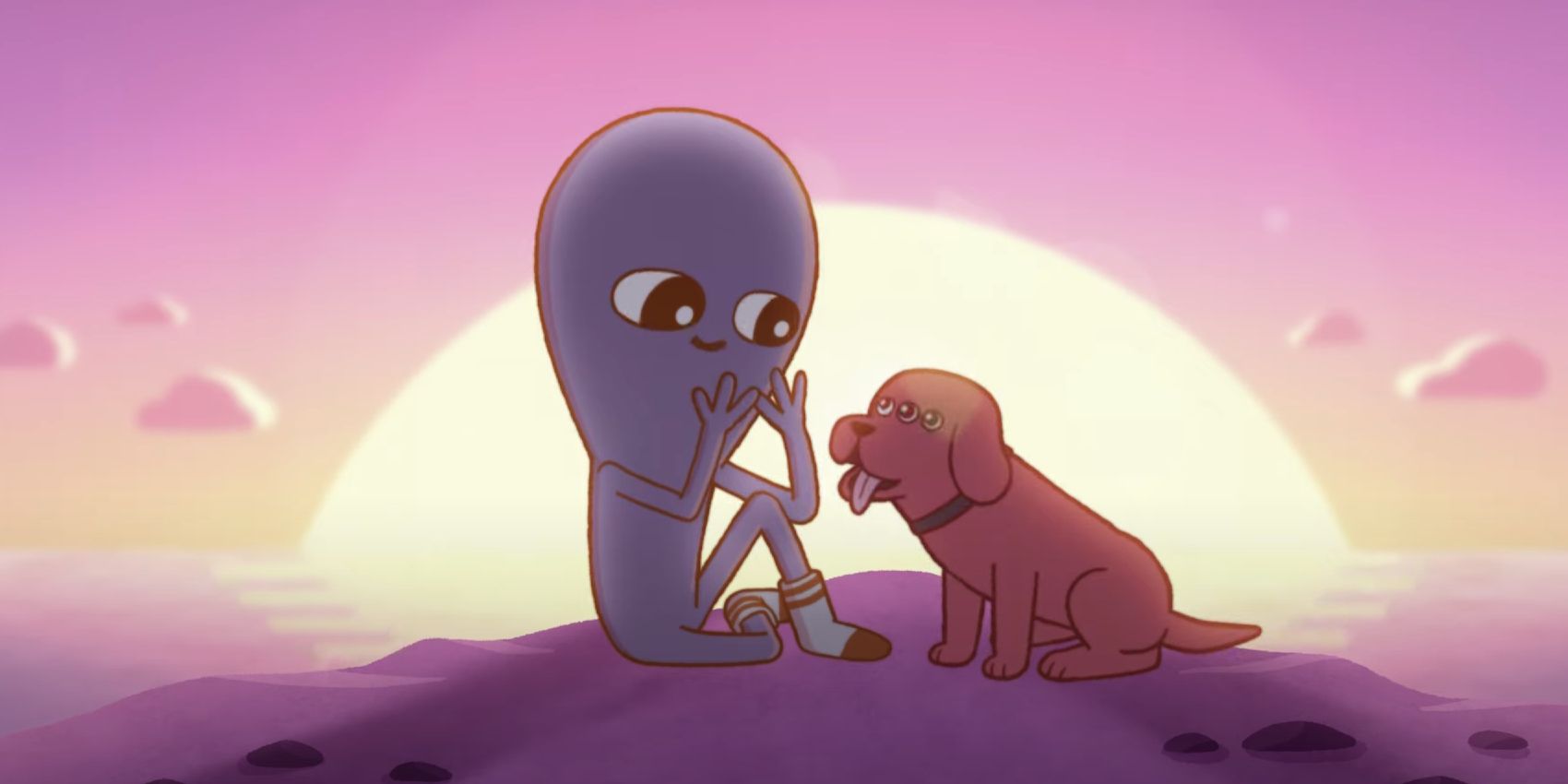 Blue alien looking at a three eyed dog in Strange Planet animated series