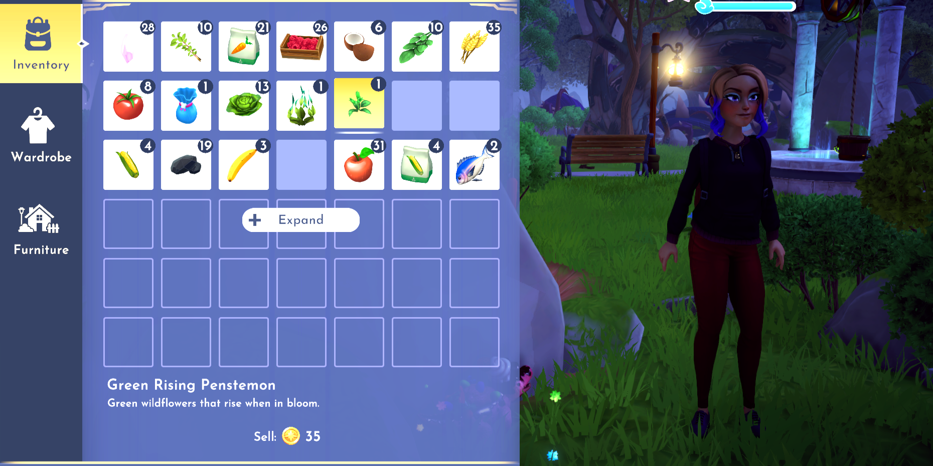 Green Rising Penstemons in the Player&rsquo;s Inventory in Disney Dreamlight Valley