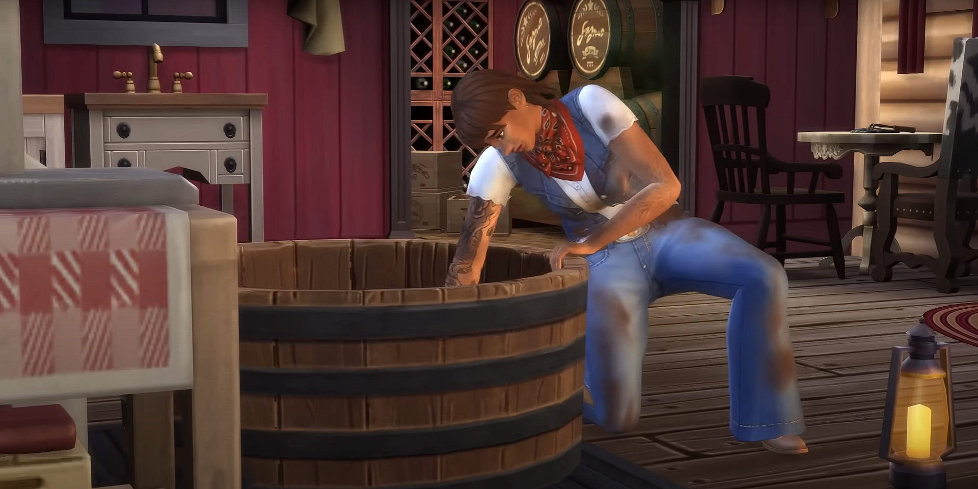 A sim cleaning a bathtub in front of stored nectar in Sims 4