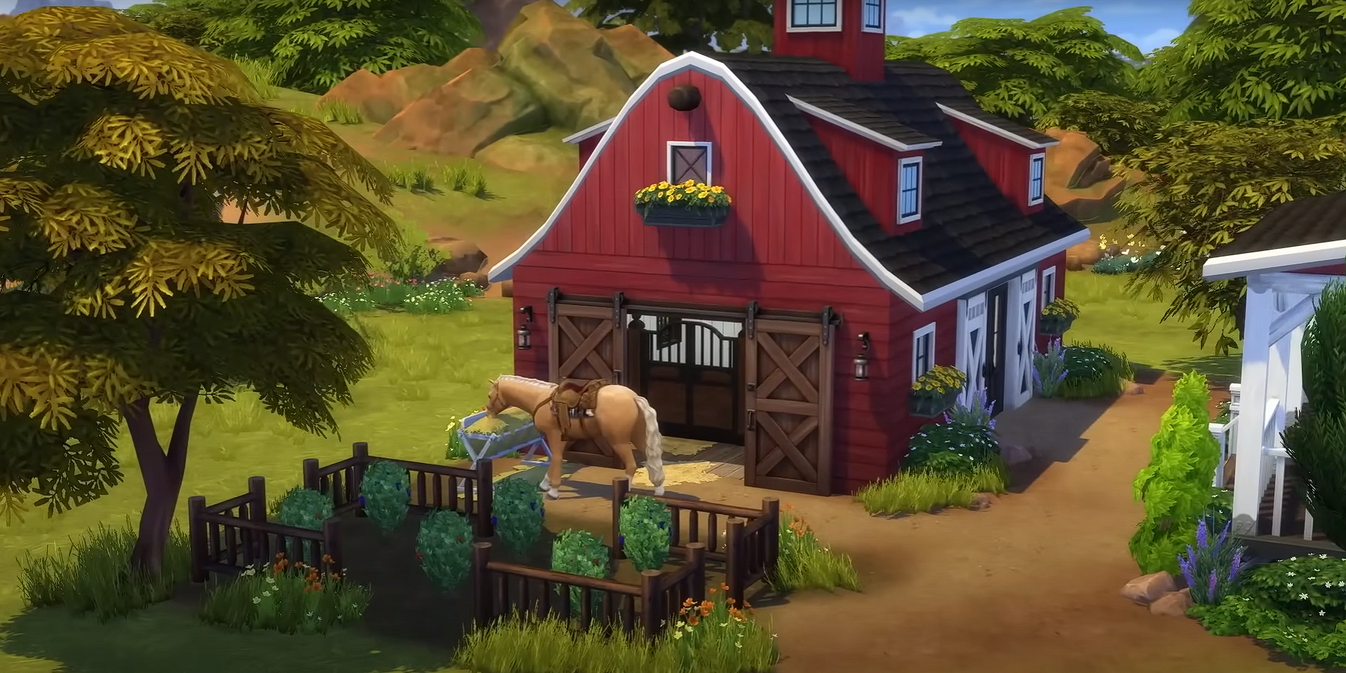 A garden, a horse, and a barn in the Sims 4