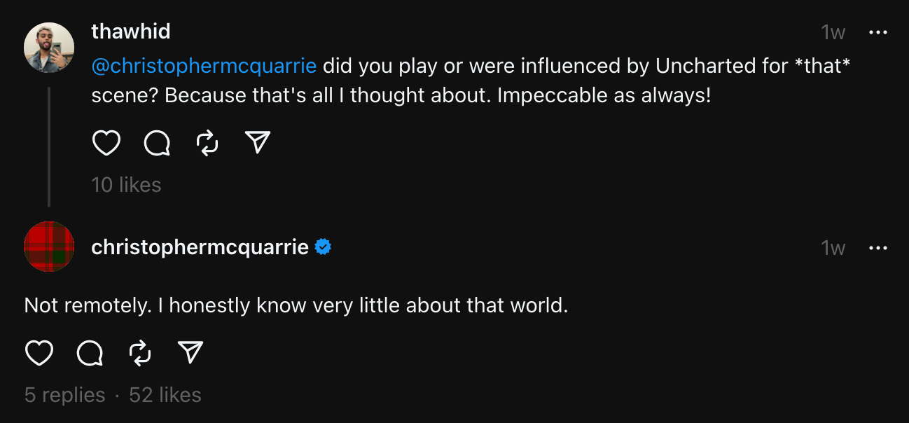 Screenshot of Christopher McQuarrie replying to fan on Threads.
