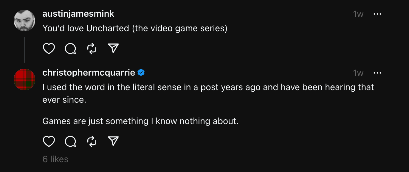 Screenshot of Christopher McQuarrie replying to a fan on Threads, explaining that he&rsquo;s not familiar with video games.
