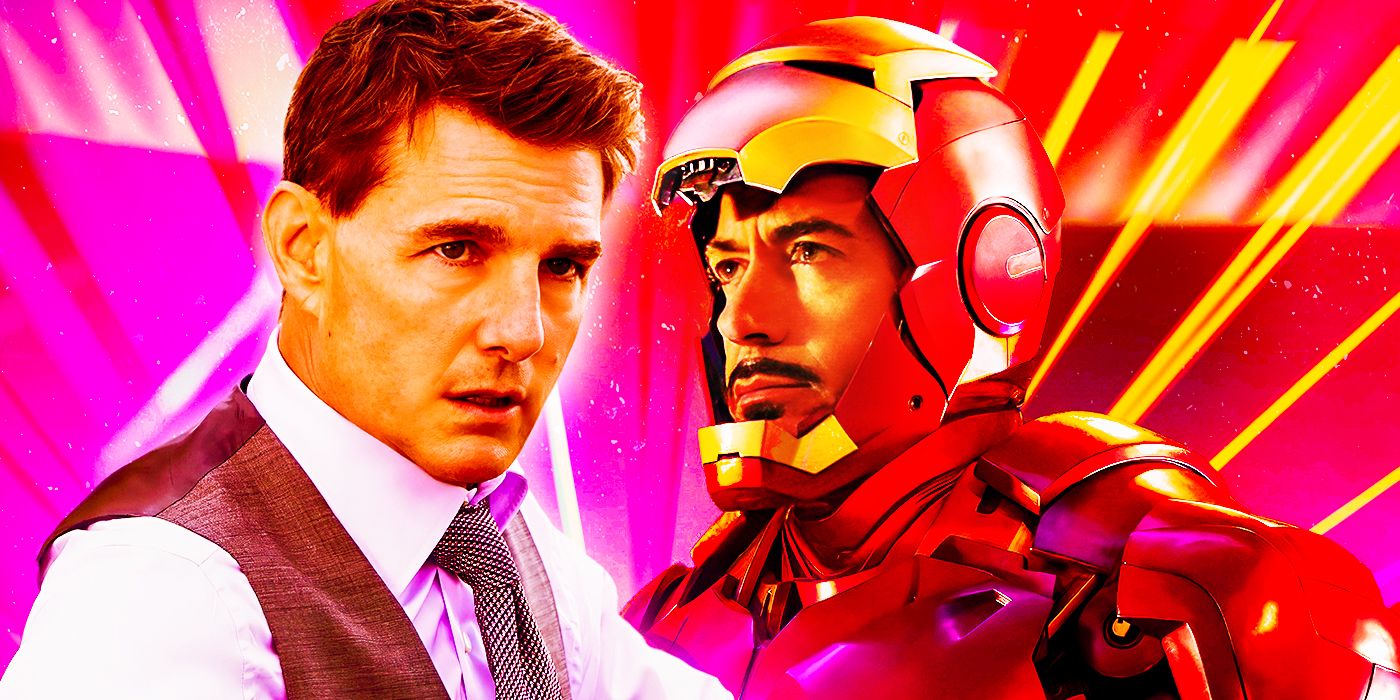 Tom Cruise in Mission Impossible and Robert Downey Jr. as Iron Man with bright pink and red hues.