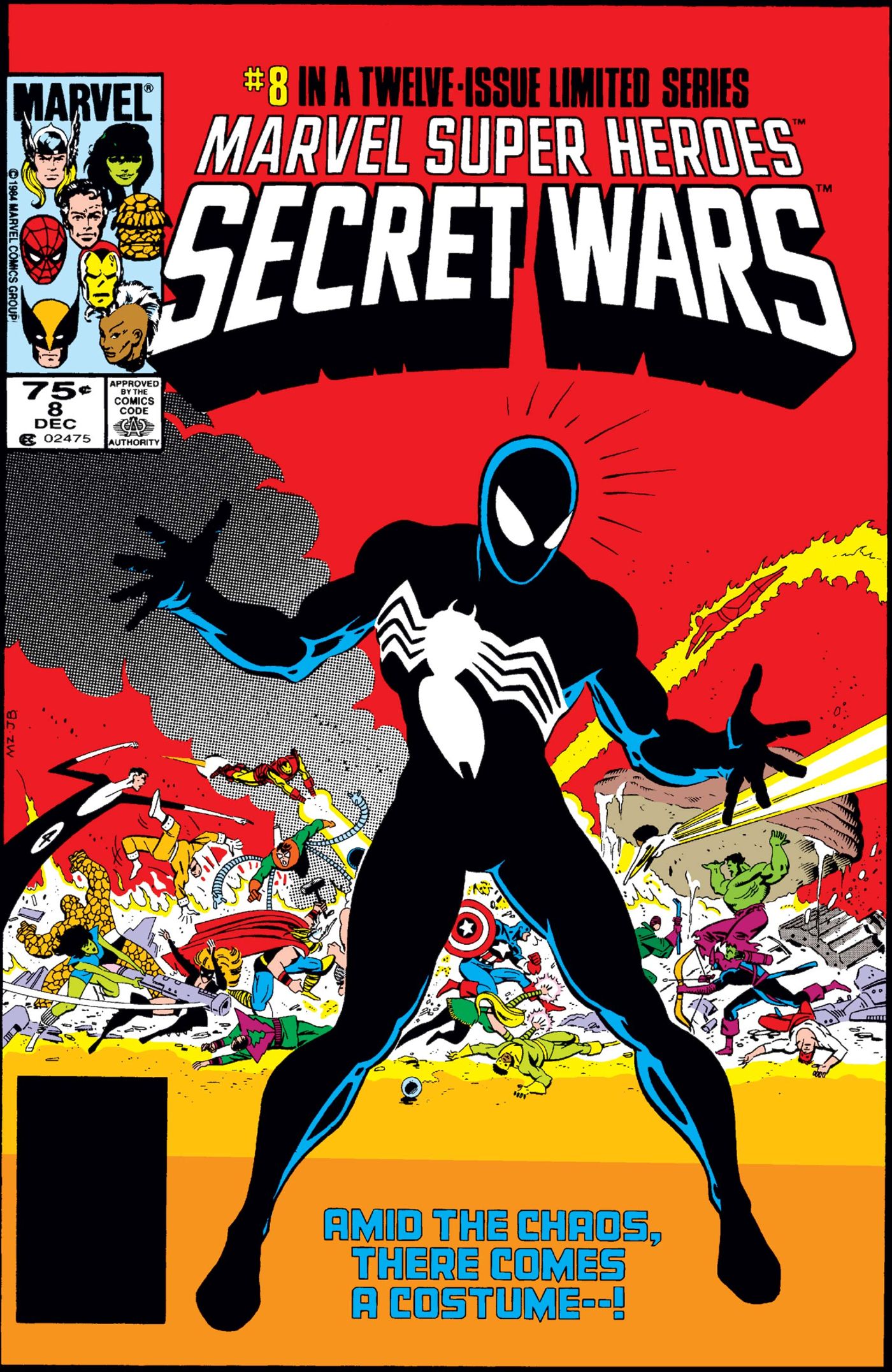 Secret Wars #8 cover. Spider-Man black suit.