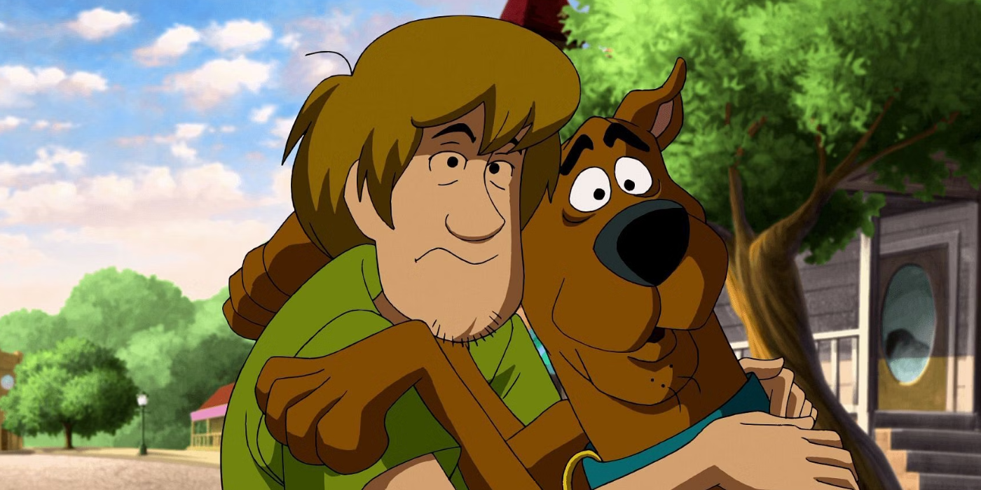Salsicha e Scooby se abraçando e parecendo surpresos