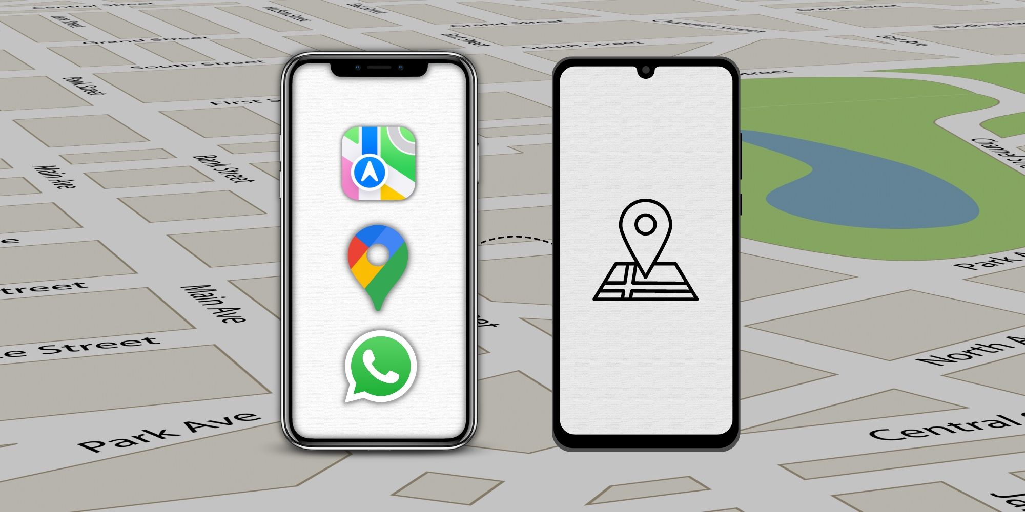 iPhone and Android phone over a map background
