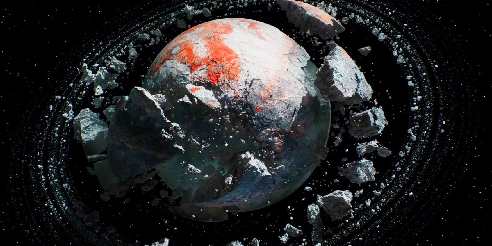The Shattered Moon of Koboh showing the moon with pieces breaking away from the surface Star Wars Jedi Survivor
