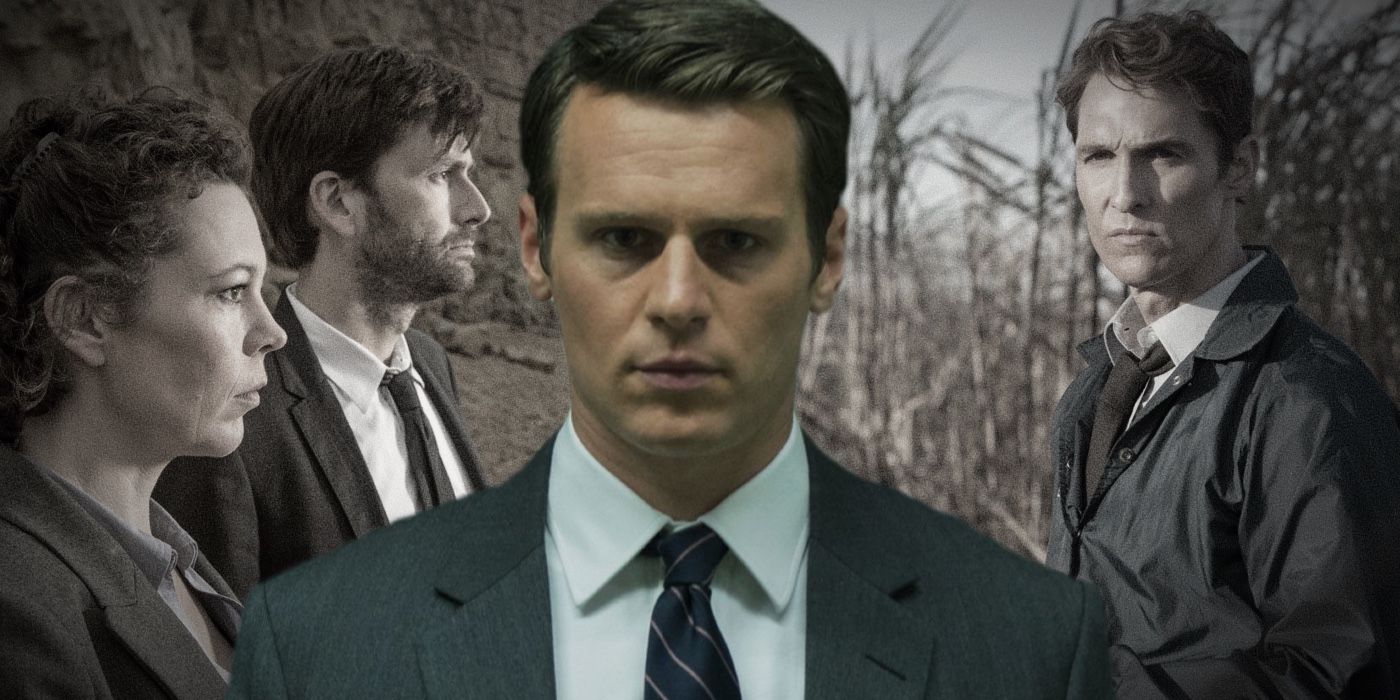 A composite image of Mindhunter, Broadchurch, and True Detective