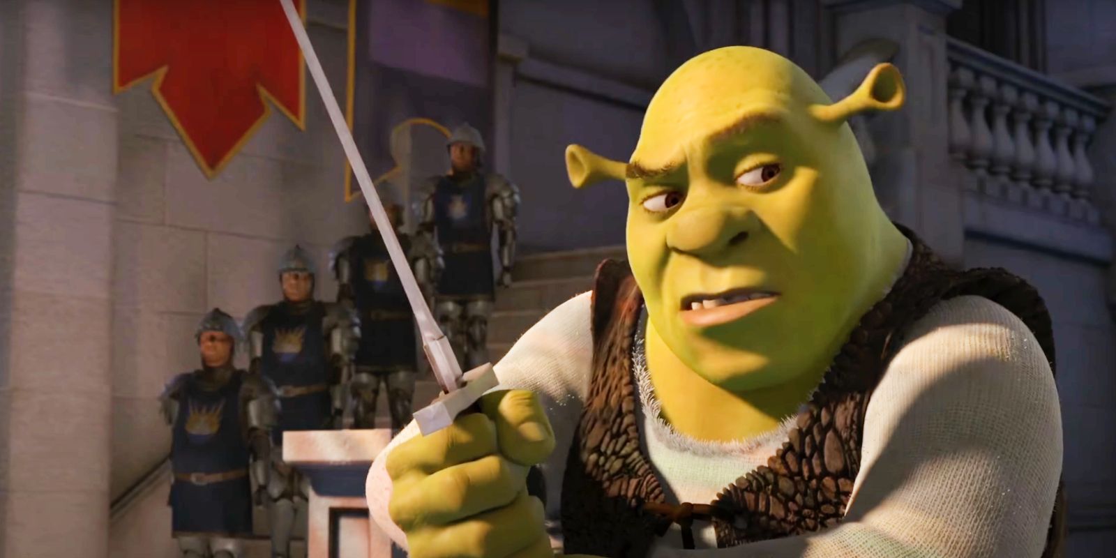 Shrek (con la voz de Mike Myers) tiene una espada en Shrek Tercero