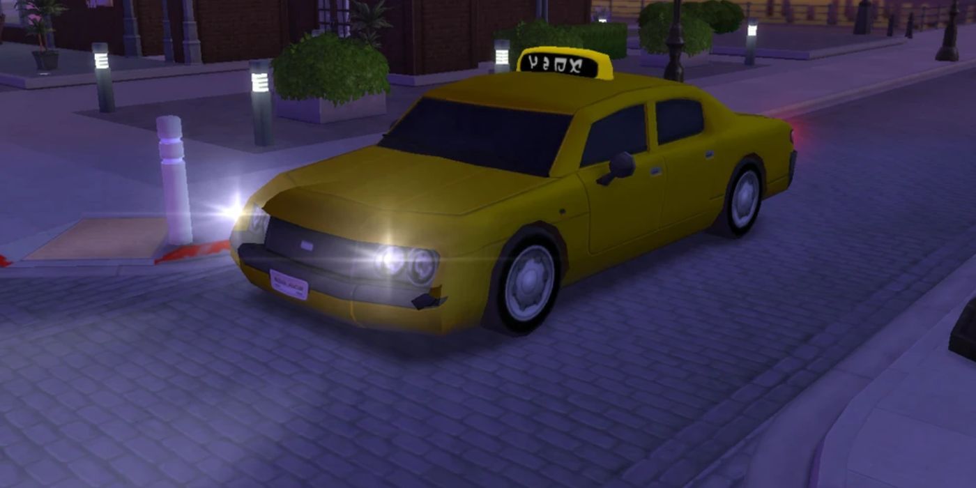 Mobil taksi di Sims 4 dengan lampu depannya menyala.
