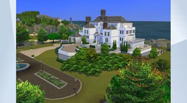 Rumah besar Sims 4 di tepi laut.