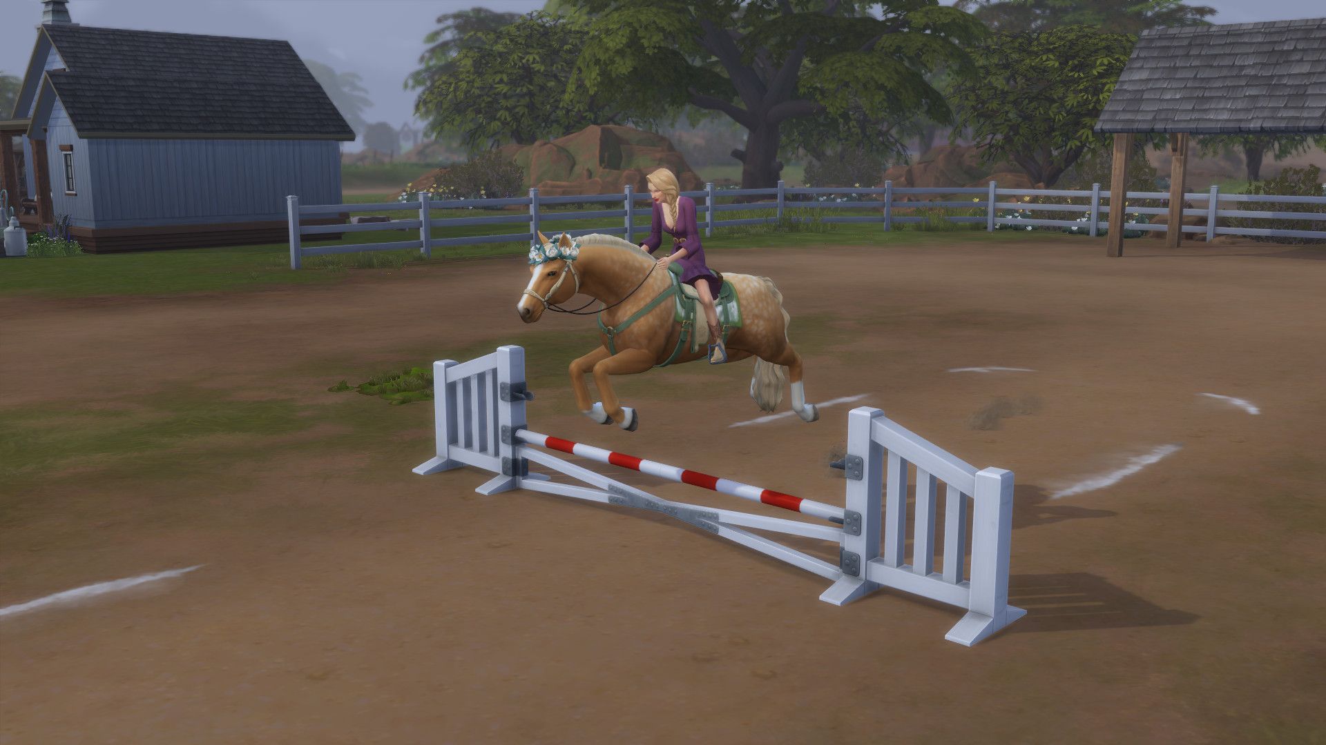 Sims 4 Horse Ranch Sim on a horse jumping over a bar.
