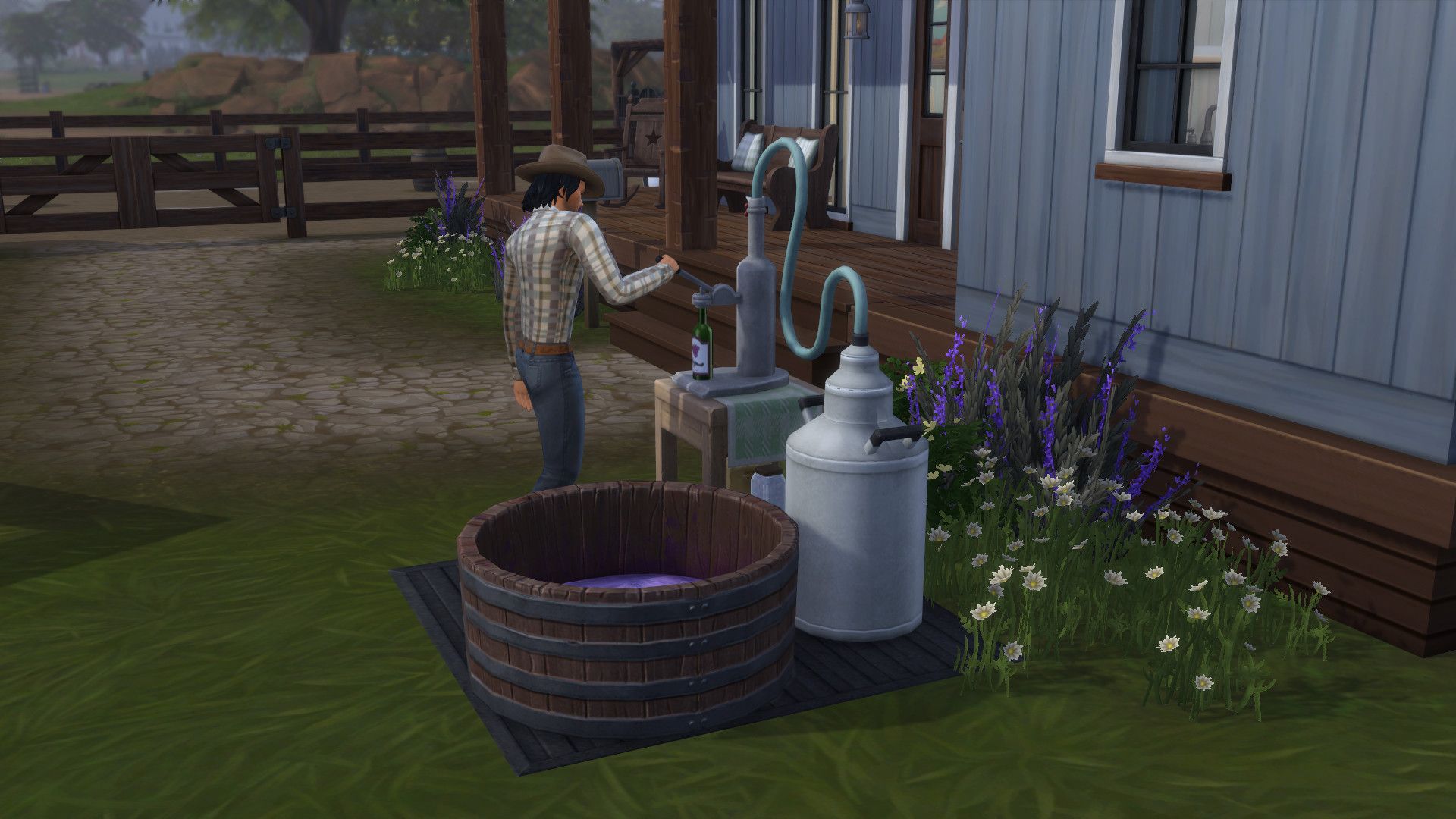 Sims 4 Horse Ranch nectar making station with a Sim filling a bottle.