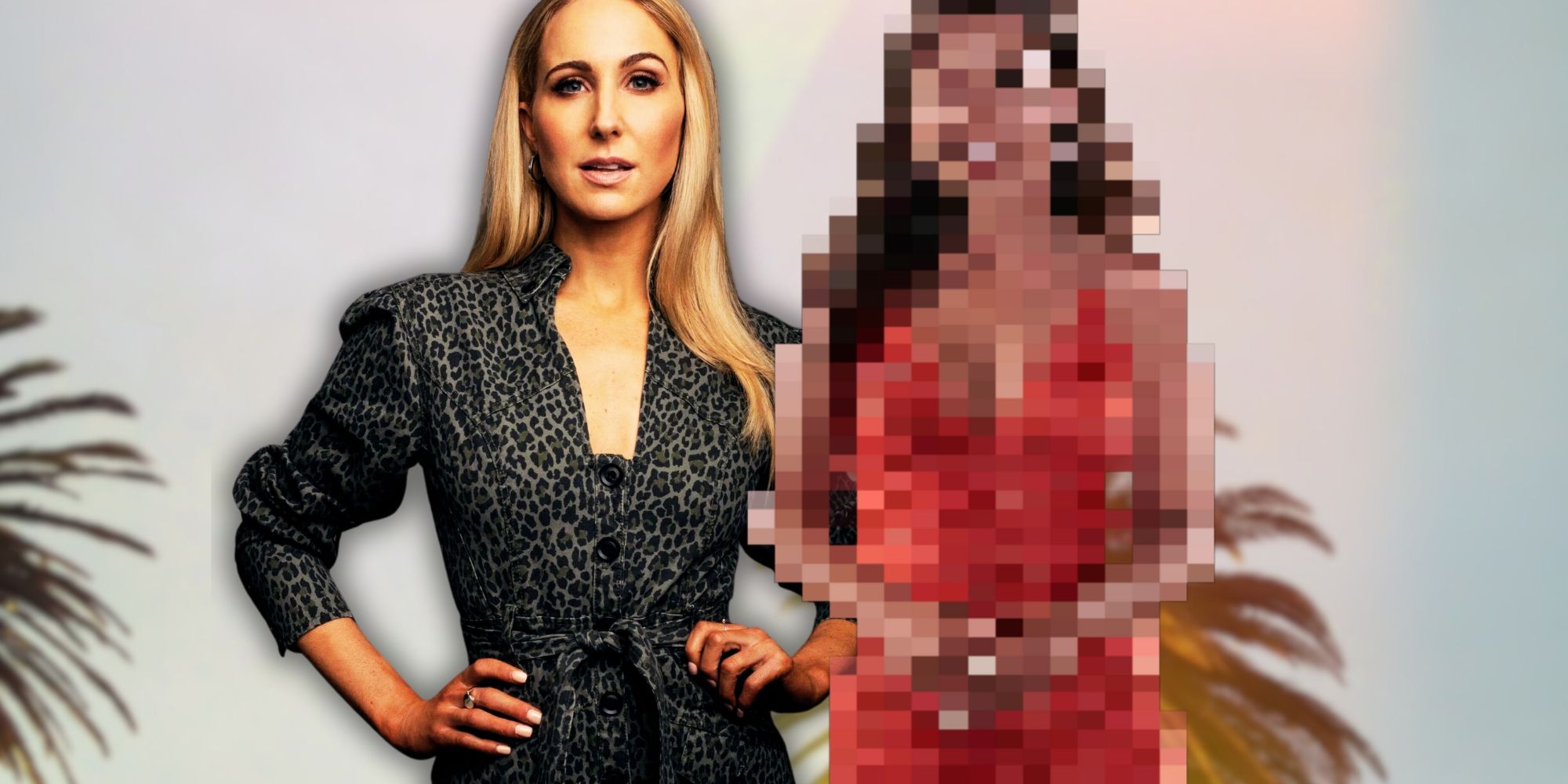FBoy Island host Nikki Glaser, with a pixelated image of Bachelorette&rsquo;s Katie Thurston