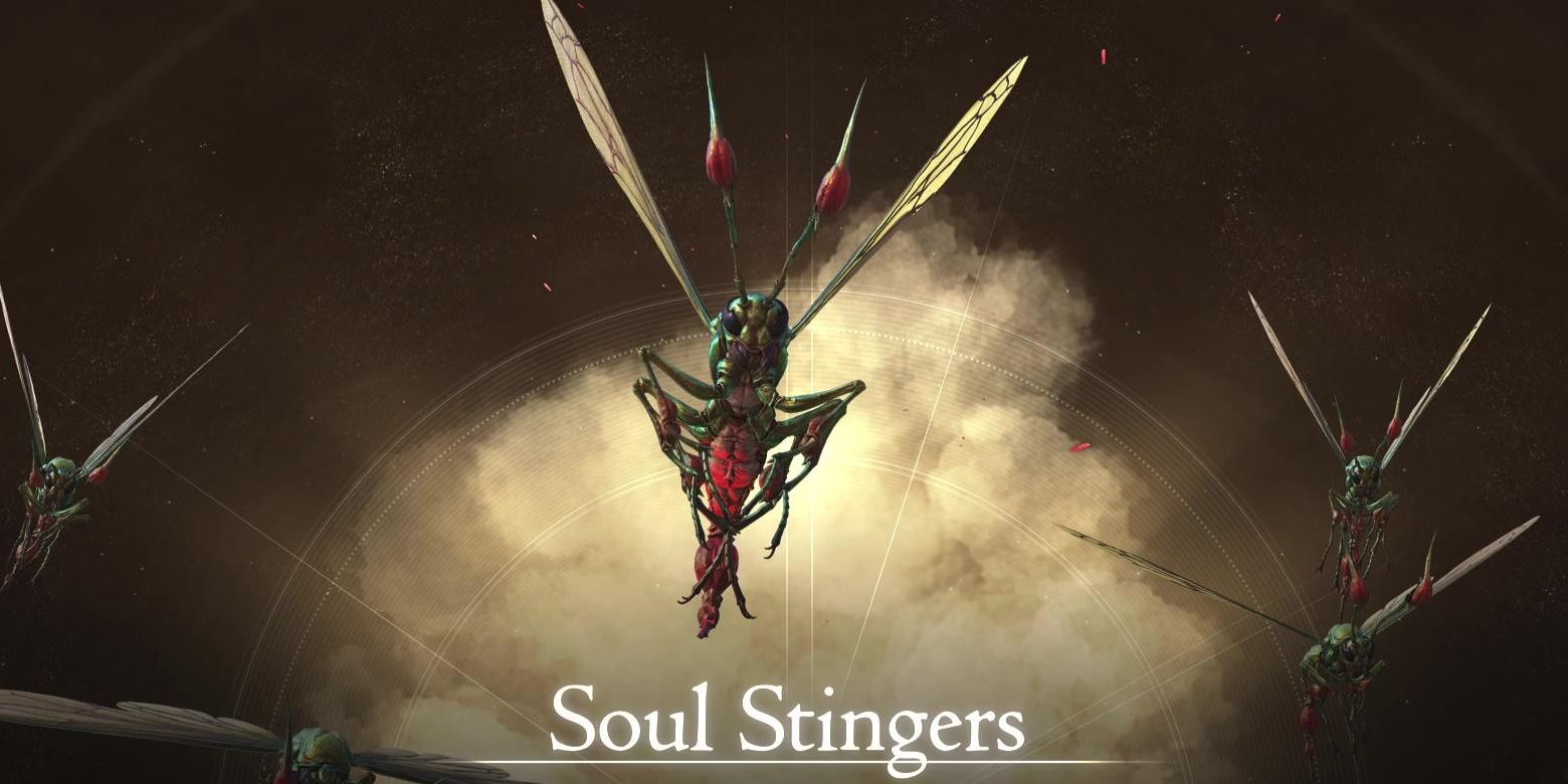 The Soul Stingers ، مجموعة من الحشرات المجنحة ذات اللسعات المخيفة ، تحوم أمام سحابة من الدخان في Final Fantasy 16.