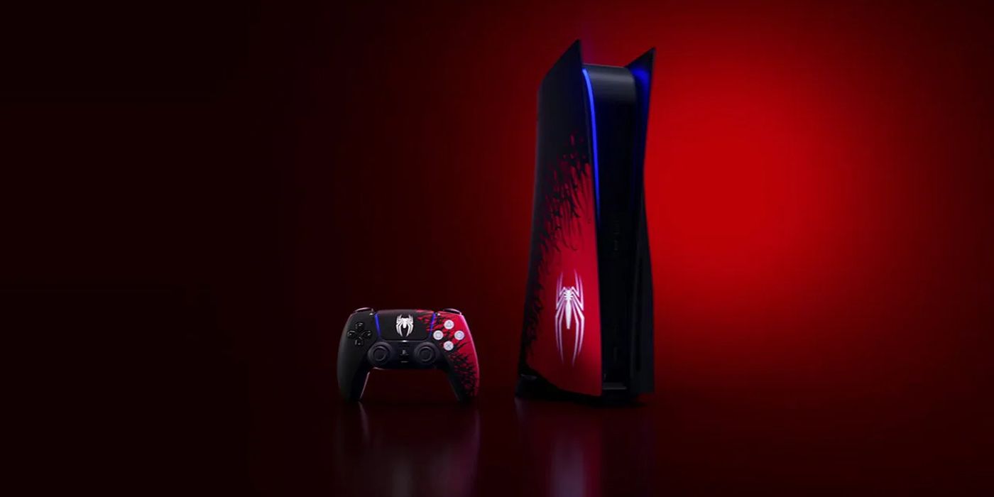 Spider-Man 2 PS5 and controller on a red background