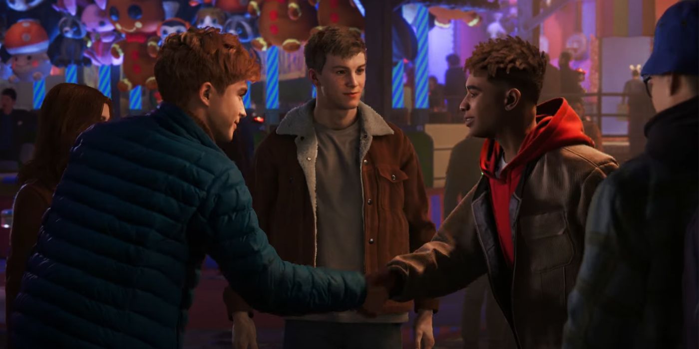 Harry berjabat tangan dengan Miles di pasar malam saat Peter memperkenalkan mereka di trailer Spider-Man 2 SDCC
