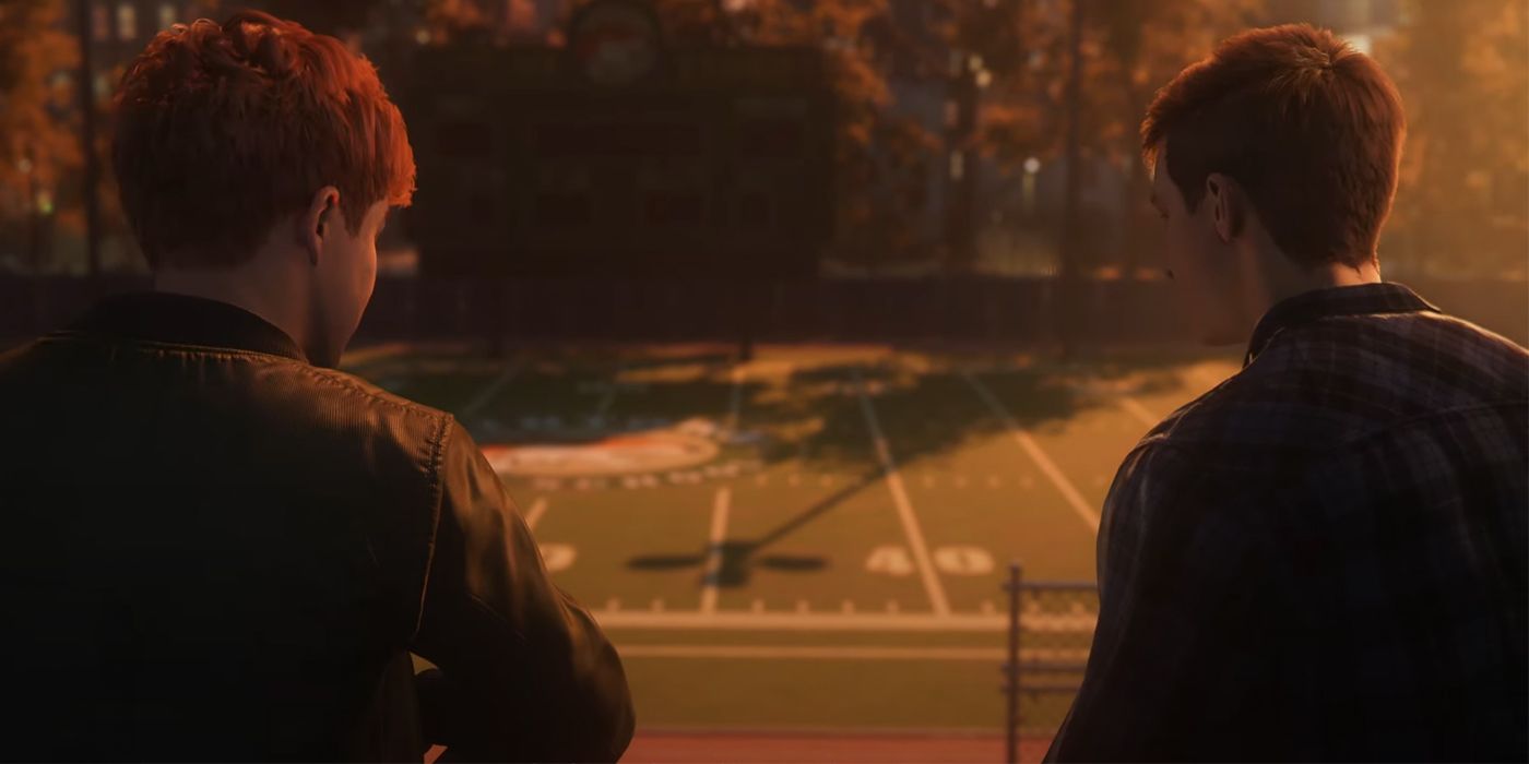 Harry berbicara dengan Peter di lapangan sepak bola Midtown High School di pembukaan trailer SDCC Spider-Man 2