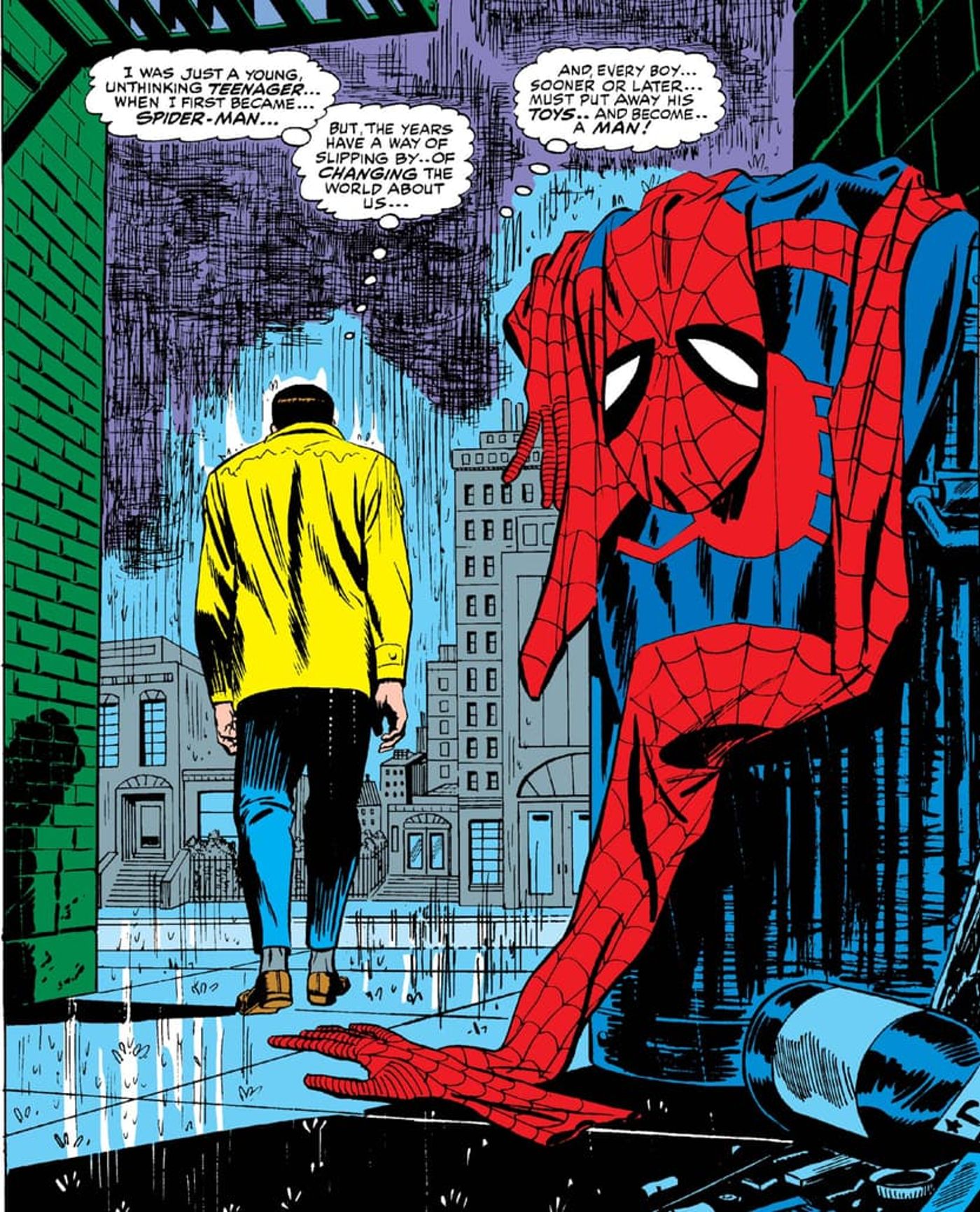 Spider-Man No More iconic alleyway panel.