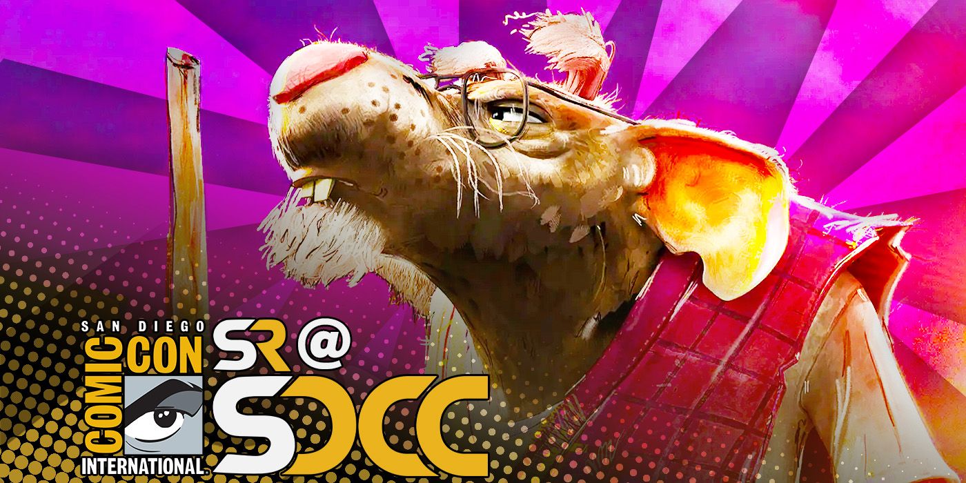 This image shows Splinter from TMNT Mutant Mayhem with the logo of San Diego Comic-Con.
