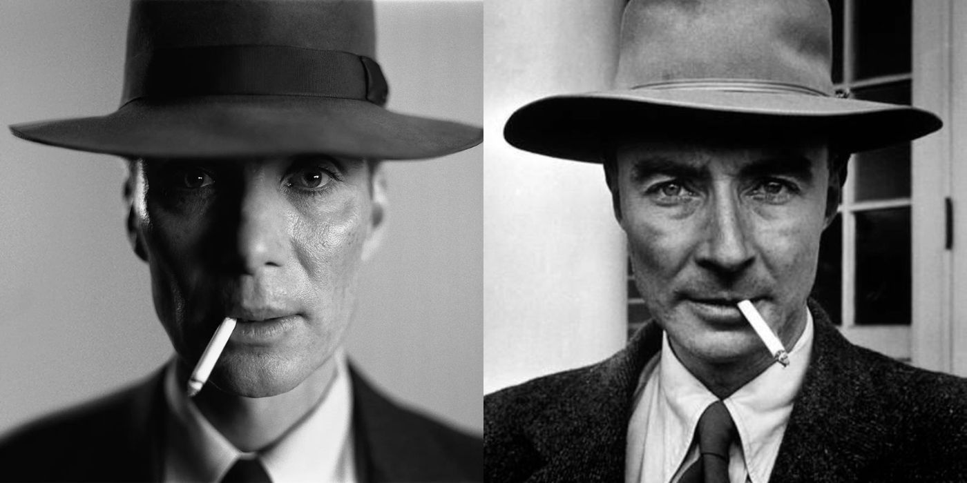 Split images of Cillian Murphy and J Robert Oppenheimer smoking a cigarette