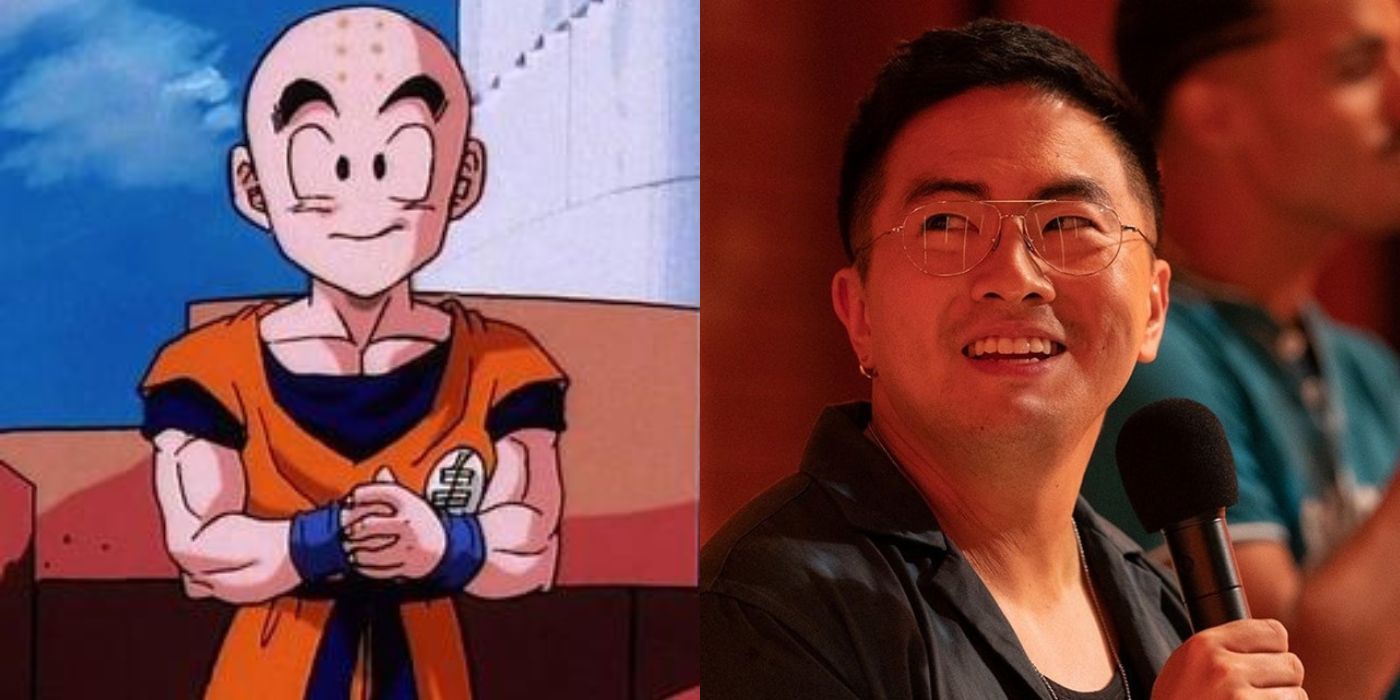 Split images of Krillin smiling in Dragon Ball Z and Bowen Yang holding a mic and looking sideways in Fire Island