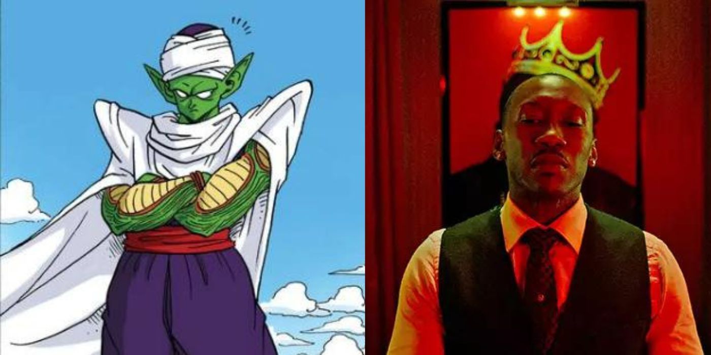 Split images of Piccolo standing with crossed arms and looking sideways and Mahershala Ali standing in front of a Notorious BIG painting